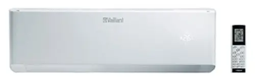 Wandklimagerät in Weiß von Vaillant mit digitalem Display und Fernbedienung. Kompakte Bauweise, geeignet für die Montage an Wänden.